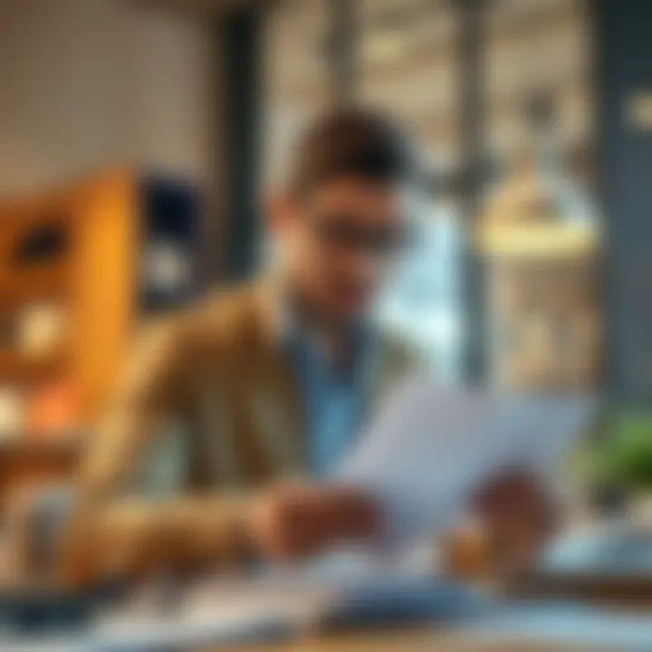 Business owner analyzing financial documents for banking