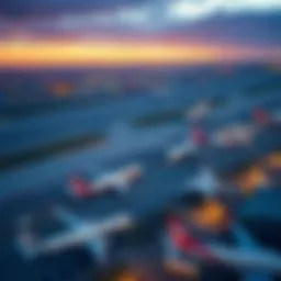 Aerial view of a busy airport with planes on the tarmac