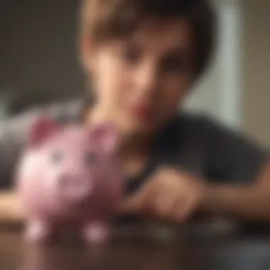 An illustration of a young person saving money in a piggy bank.