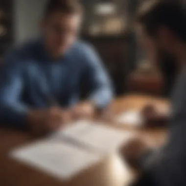 Close-up of two individuals discussing financial options with documents on a table