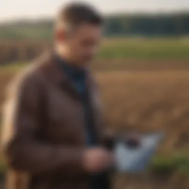 Investor analyzing farmland data on a digital tablet