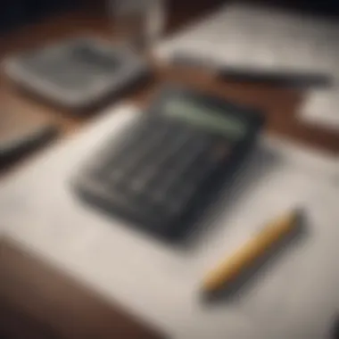 A calculator with financial documents and a pen.