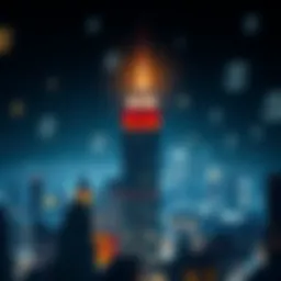 An abstract representation of capitalism with city skyline and currency symbols