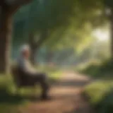 A serene landscape showing a senior enjoying retirement in a peaceful park