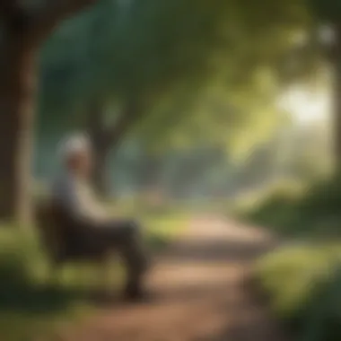 A serene landscape showing a senior enjoying retirement in a peaceful park